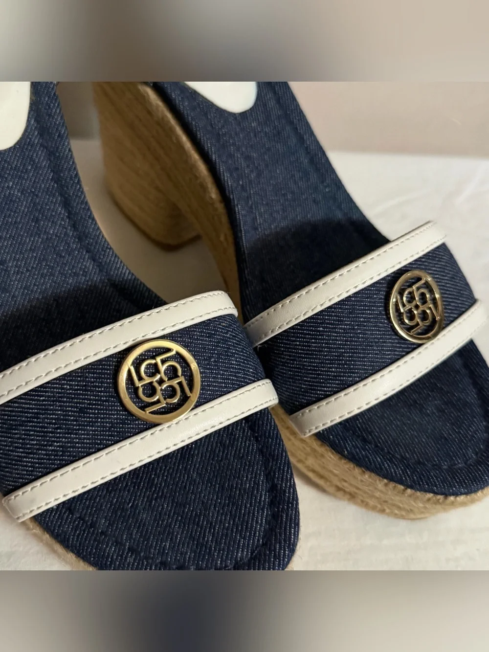Liz Claiborne Navy and White Espadrille Platform Wedges Size 8
